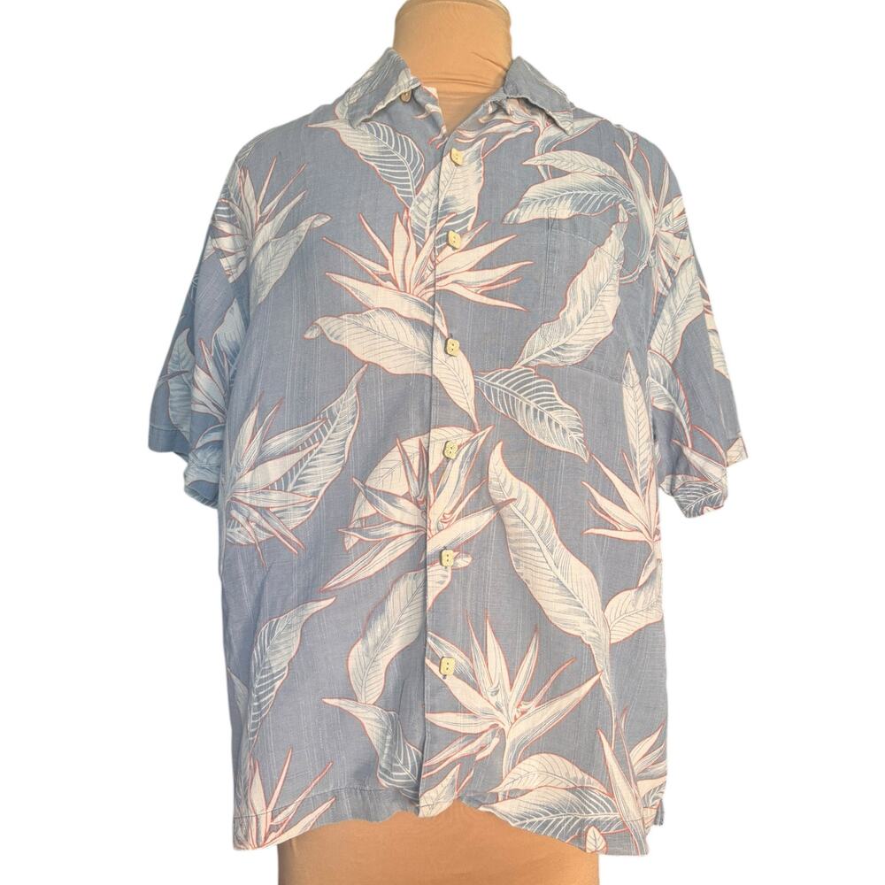 Jamaica Jaxx Silk Hawaiian Shirt Blue Tropical Leaf Camp Collar Aloha Large